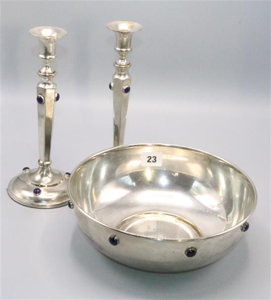 Plated dish & pair of candlesticks mounted with jewelled cartouches